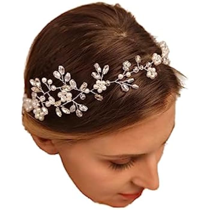 YERTTER Wedding Pearl Tiara Hair Vine Handmade Bride Hair Band Bridal Crystal Flower Headband Head Pieces for Wedding Prom Brithday Party (Gold) - Image 1